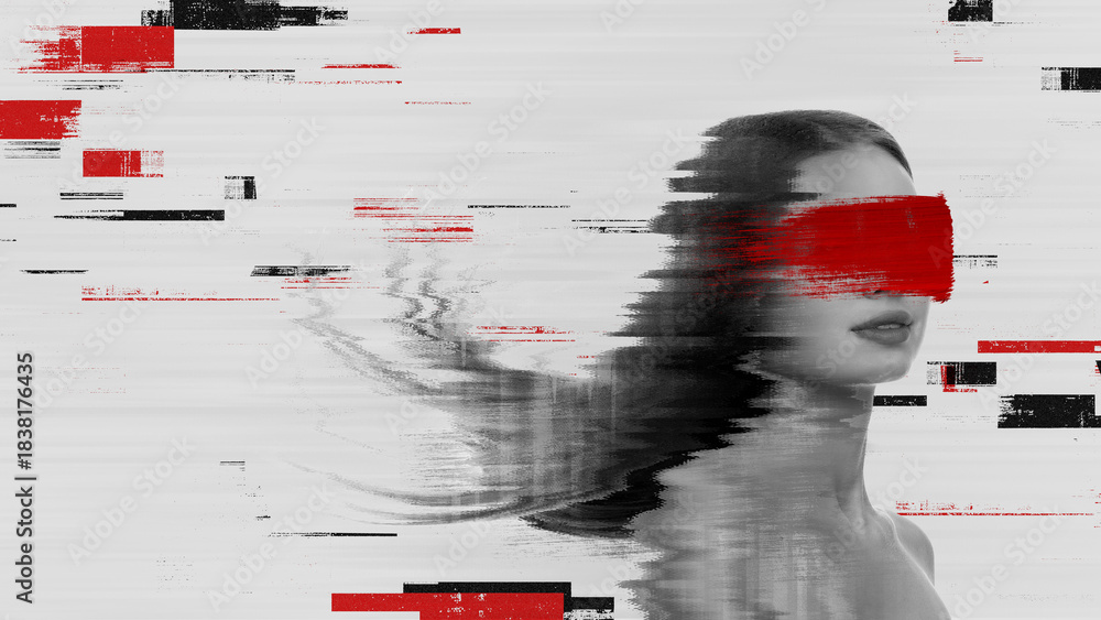 Fototapeta premium Graphic artwork of woman with red glitch streaks over eyes in fragmented black-white portrait. Concept of digital noise, bold editorial style, and expressive visual disruption for modern layouts.