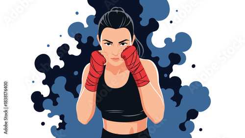 Female boxer in red gloves standing in ready stance with abstract background for fitness motivation design