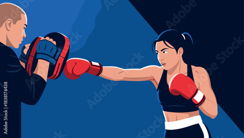 Female boxer training with coach in boxing session illustration