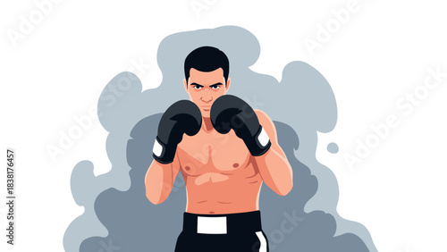 Boxing athlete in defensive stance with focused expression for sports poster or training design