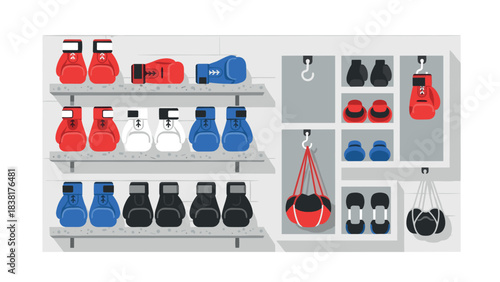 Sports equipment illustration featuring boxing gloves in varied designs and colors for gym decor or training material