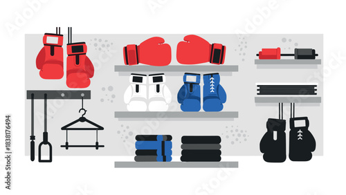 Boxing equipment illustration with gloves, shoes, and training accessories for fitness design