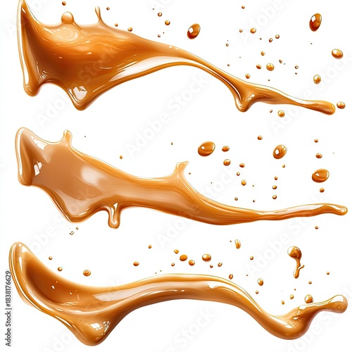 A collection of realistic drops and streams of caramel isolated on a white background