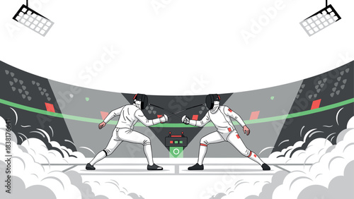 Dynamic fencing competition in stadium with focused athletes and dramatic lighting