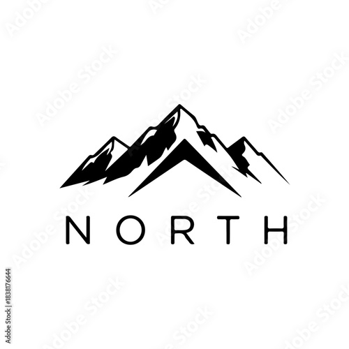 Minimalist black and white mountain range logo with the word north below
