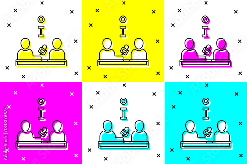 Set Interview with a famous person icon isolated on color background. Television or internet broadcast where a journalist talks to a celebrity. Vector