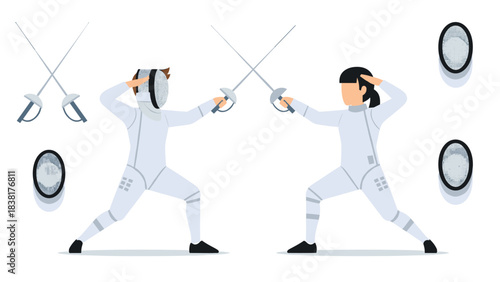Dynamic fencing duel scene with two athletes in action - ideal for sports event promotion or educational material