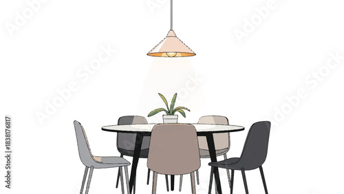Capturing a Minimalist Dining Room Photo of Round Table, Colorful Chairs, Pendant Light and Potted Plant from a Center Viewpoint