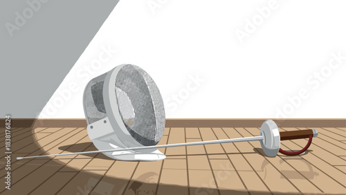Fencing equipment illustration featuring sword and mask on wooden floor with sunlight for sports design