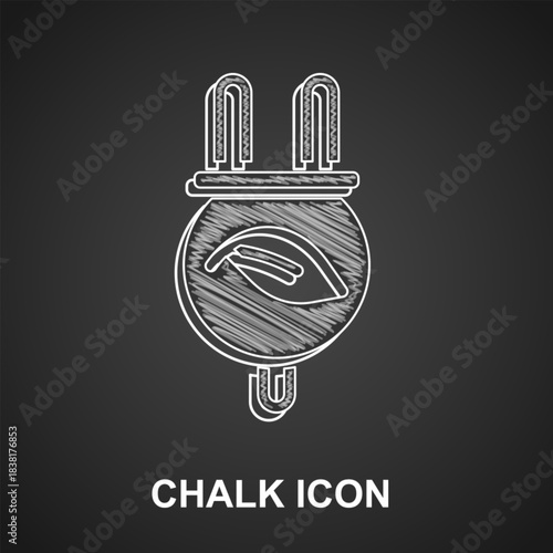 Chalk Electric saving plug in leaf icon isolated on black background. Save energy electricity. Environmental protection. Bio energy. Vector