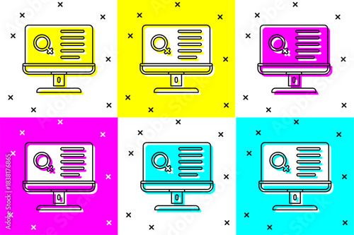 Set Dating app online laptop concept icon isolated on color background. Female male profile flat design. Couple match for relationship. Vector