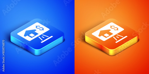 Isometric Online real estate house in browser icon isolated on blue and orange background. Home loan concept, rent, buy, buying a property. Square button. Vector