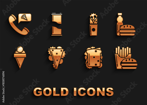 Set Sandwich, Bottle of water burger, Burger french fries in carton package box, Ice cream waffle cone, Doner kebab, Food ordering pizza and Soda can icon. Vector