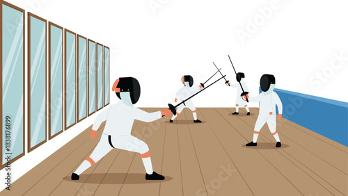 Fencing practice in indoor gym with athletes in protective gear
