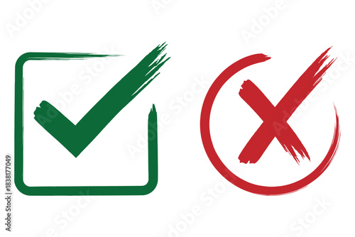 Tick, cross signs for checkbox, checklist, v and x in sketch doodle brush marker checklist symbol. Check marks and crosses in varied styles, ideal for approval, rejection, or selection icons. eps 10