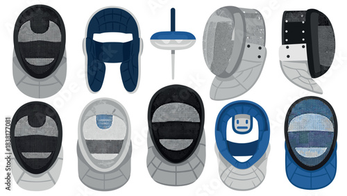 Collection of fencing masks and saber illustration for sports and design concepts
