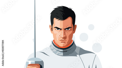 Determined fencer in action with sword and protective attire for competitive sports design