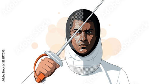 Determined fencer in protective gear with sabre for sport illustration and design