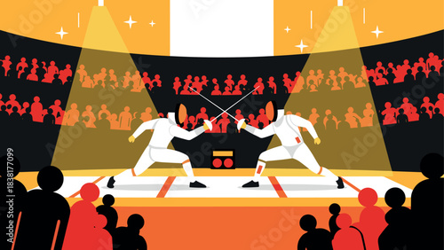 Dynamic fencing duel in arena with audience for sports event promotion