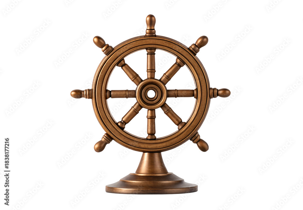 Obraz premium Bronze ship wheel with eight spokes on decorative pedestal stand, isolated on a transparent background