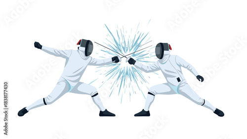 Fencing sport duel concept with two competitors engaging in intense combat action