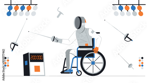 Wheelchair fencing illustration with robotic suit and elements for sport design and accessibility awareness