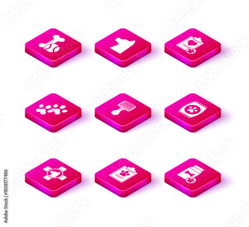 Set Veterinary clinic symbol, Clipboard with medical clinical record pet, Paw print, Hair brush for dog and cat, Bag of food, and Cat icon. Vector