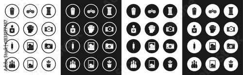 Set Sewing thread on spool, Virtual reality glasses, Joystick for arcade machine, Popcorn cardboard box, Photo camera, Gamepad, and Rolling pin icon. Vector