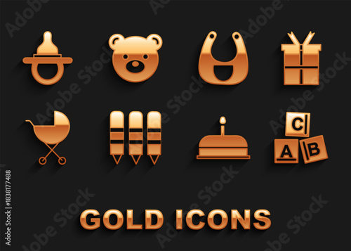 Set Wax crayons for drawing, Gift box, ABC blocks, Cake with burning candles, Baby stroller, bib, dummy pacifier and Teddy bear plush toy icon. Vector