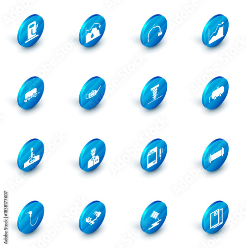 Set Drop in crude oil price, Industry pipe and valve, Oil increase, railway cistern, rig with fire, Canister for motor, industrial factory building and Rotating drill digging hole icon. Vector