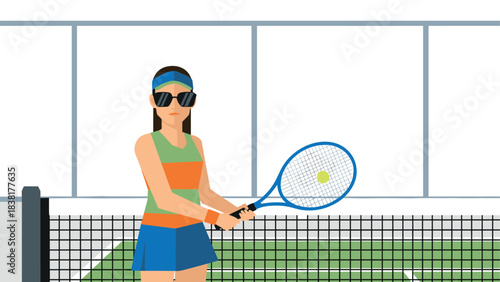 Female tennis player in action on court with racket and ball - sports vector illustration for posters and prints