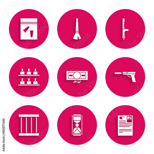 Set Stacks paper money cash, Old hourglass with sand, Lawsuit, Pistol or gun silencer, Prison window, Jurors, Police rubber baton and Evidence bag bullet icon. Vector