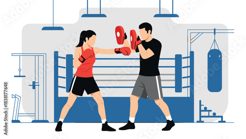 Boxing training session in gym with trainer and athlete for fitness motivation and exercise design
