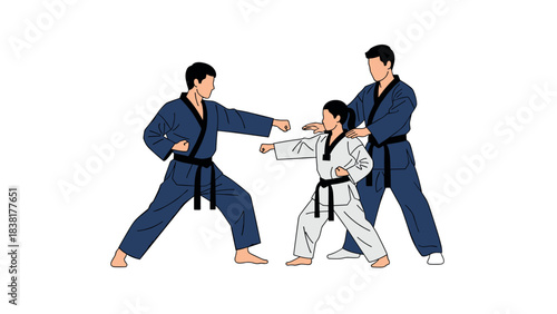 Karate training session with instructor and child practicing martial arts techniques