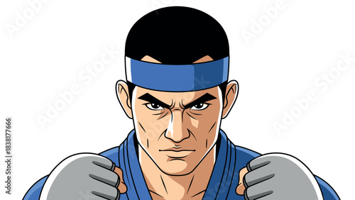 Determined martial artist in blue uniform ready for action