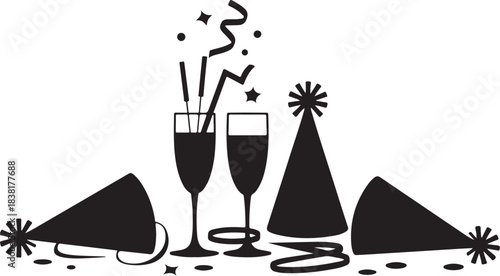 Black party hats champagne glasses sparklers confetti