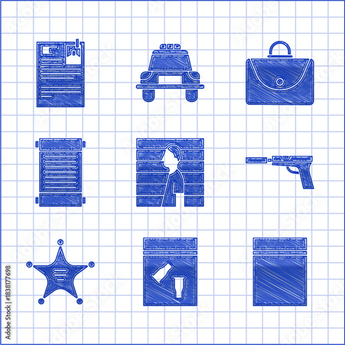 Set Suspect criminal, Evidence bag and bullet, Plastic with ziplock, Pistol or gun silencer, Hexagram sheriff, Decree, paper, parchment, scroll, Briefcase and Lawsuit icon. Vector