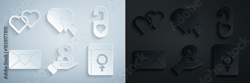Set 8 March on hand, Please do not disturb with heart, Envelope, Book about women, Heart cursor click and Two Linked Hearts icon. Vector