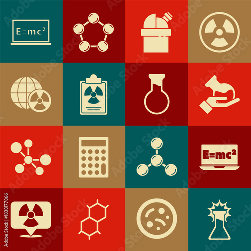 Set Test tube and flask, Equation solution, Astronomical observatory, Radiation warning document, Planet earth radiation, and icon. Vector