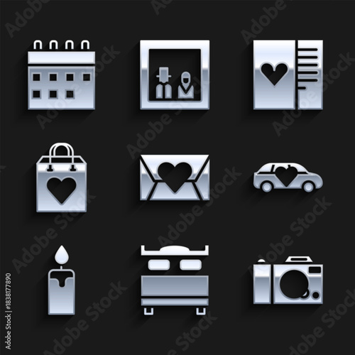 Set Envelope with Valentine heart, Bedroom, Photo camera, Limousine car, Burning candle, Shopping bag, Postcard and Calendar icon. Vector