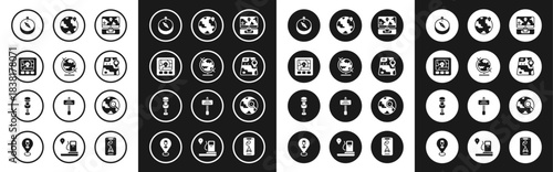Set Monitor with location marker, Earth globe, Gps device map, Compass, City navigation, Location the, Magnifying glass and Push pin icon. Vector