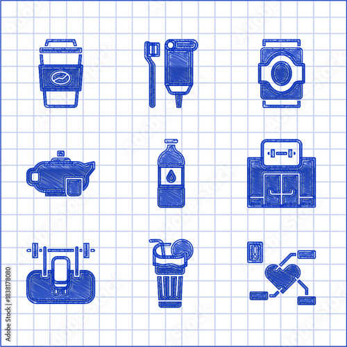 Set Bottle of water, Fresh smoothie, Attention to health heart, Gym building, Bench with barbel, Teapot cup, Soda can and Coffee go icon. Vector