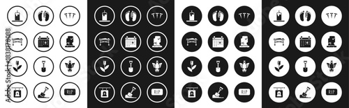 Set Metallic nails, Calendar death, Dead body in the morgue, Burning candle, Old grave with tombstone, Christmas angel and Flower rose icon. Vector