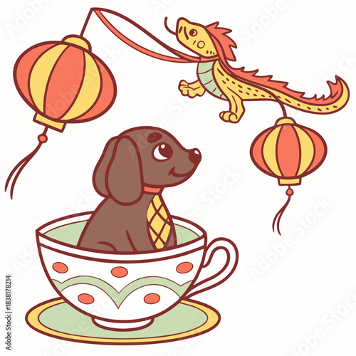 Curious expression on a American Water Spaniel in a Lunar New Year / Chinese New Year theme, with sitting in a teacup ride – Year of the Dragon (or relevant animal) vector art