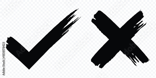 Hand drawn check  mark icon set. Checklist symbols including right and wrong signs in brush marker style. Vector illustration.