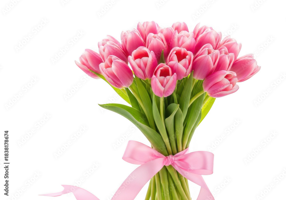 Obraz premium A beautiful bouquet of pink tulips tied with a pink ribbon, isolated on transparent background