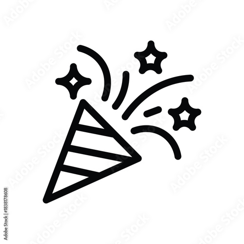 Minimalist party popper icon with confetti bursts and star-shaped sparkles, symbolizing celebration, joy, festive events, parties, and special occasions