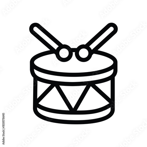 Minimalist drum icon with crossed drumsticks, representing music, rhythm, percussion instruments, marching bands, festivals, and celebration elements
