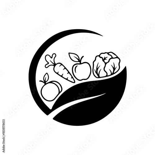 Healthy food logo icon with apple, carrot, and cabbage inside a leaf shape