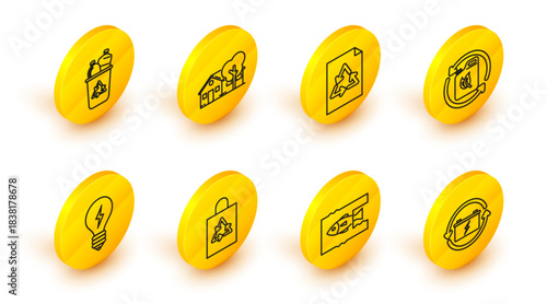 Set line Battery with recycle symbol, Stop ocean plastic pollution, Plastic bag, Light bulb lightning, Bio fuel canister, Paper, Eco friendly house and Recycle bin icon. Vector